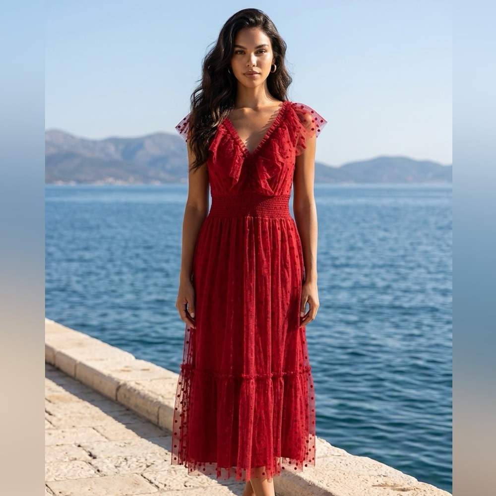Adrianna Papell  size 12  Macy's Red Lace Midi Dress  Smocked Waist SPICEY RED